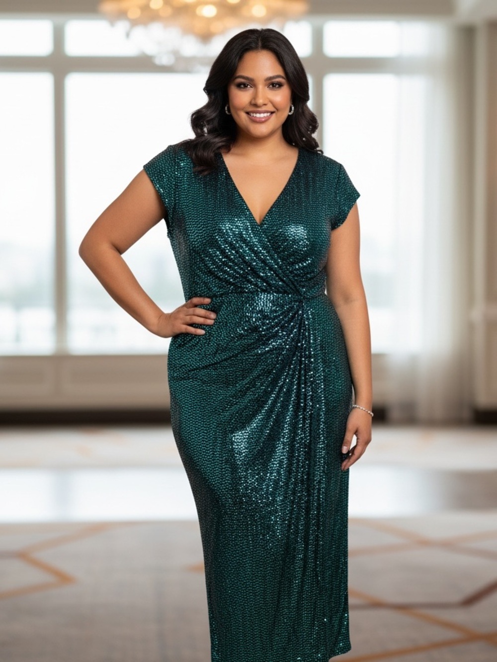 Emerald Green Sequin Maxi Dress with Draped Front
